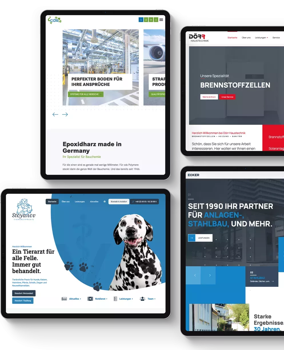 Website-Referenzen auf Tablets: cds Polymere, Dörr Haustechnik, Tierarztpraxis Stoyanov, Ecker